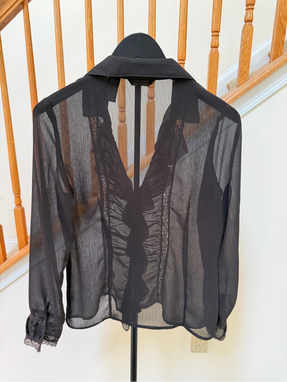 New York & Company Black Sheer Ruffle-Front Blouse with Lace Cuffs - Picture 3 of 4